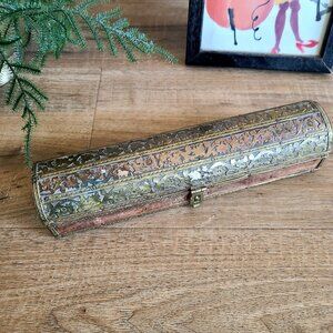 Vintage/Antique hand made with brass leaf details Qalamdan wooden pencil box.